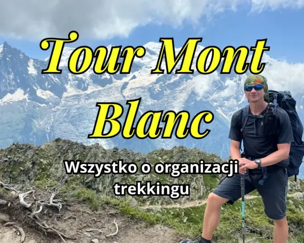 Mężczyzna z plecakiem na tle gór, przygotowuje się do trekkingu na trasie Tour Mont Blanc.