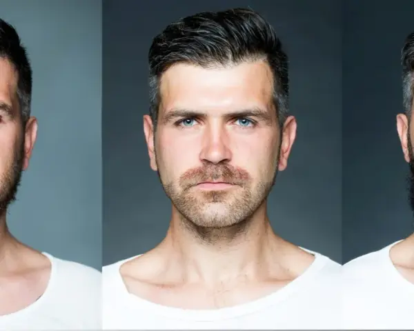 Tres hombres con diferentes cortes de barba: uno con perilla y bigote, otro con barba corta y el último con barba larga y tupida.