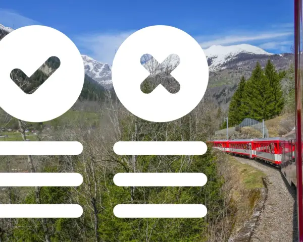 A red train winds through the Swiss Alps. A checkmark and an X overlay the scenic view, suggesting options for your Switzerland train pass.