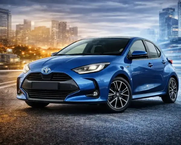 Niebieski Toyota Yaris na tle miasta nocą. Sprawdź aktualne toyota yaris - ceny i wybierz swój wymarzony samochód.