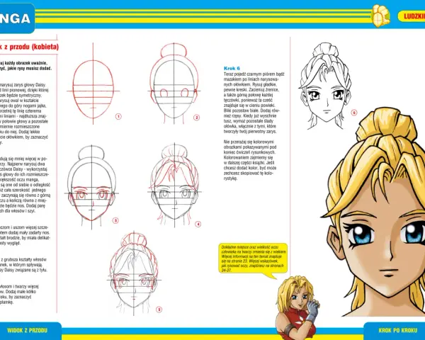Rysunek przedstawia instrukcję krok po kroku, jak narysować twarz dziewczyny w stylu manga.