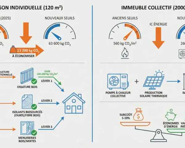 L'avantage maison ossature bois : réduction des émissions de CO2, isolation biosourcée et menuiseries mixtes pour une construction plus écologique.