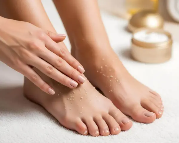 A woman's hands gently touch her feet, which are covered in exfoliating granules, hinting at a Johnson's foot soap recipe for soft skin.