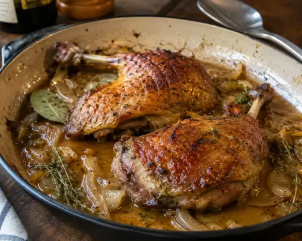 Deux cuisses de canard dorées mijotent dans une sauce savoureuse avec des oignons et des herbes. Un plat réconfortant prêt à être dégusté.