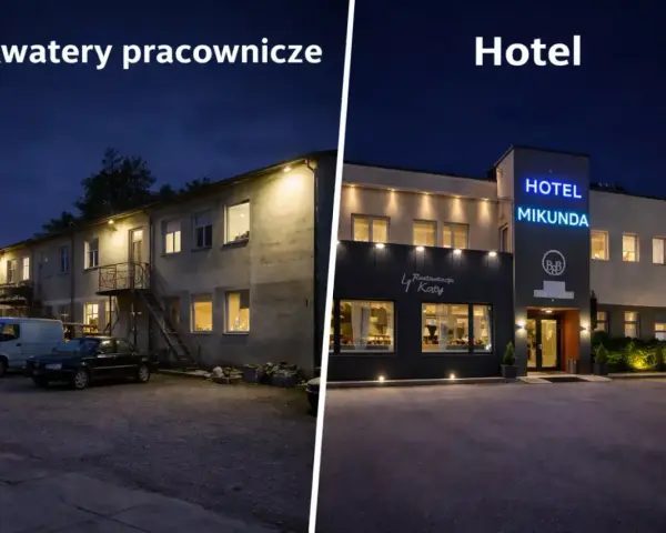Dwa budynki nocą: kwatery pracownicze i hotel Mikunda.