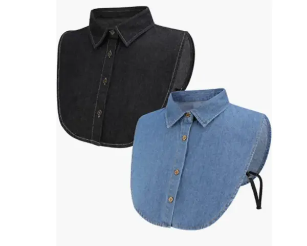 Due colletti staccabili in denim, uno nero e uno azzurro, perfetti per aggiungere un tocco casual ai tuoi outfit. Diversi tipi di colletto camicia donna.