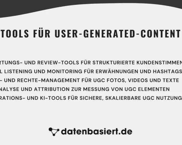Tools für User-Generated-Content: Bewertung, Social Listening, Asset-Management, Webanalyse & KI-Tools. Die UGC Bedeutung wird durch diese Werkzeuge klar.