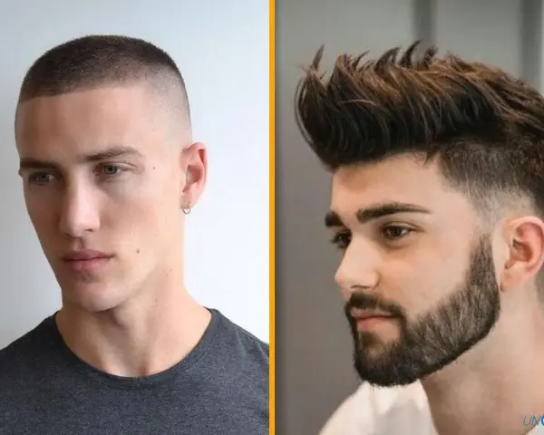 Dos hombres con peinados pelo corto: uno con corte buzz y el otro con un estilo moderno con degradado y tupé.
