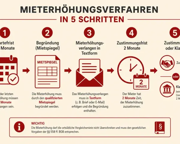 Schritte zur Mieterhöhung: 15 Monate warten, Mietspiegel vorlegen, Antrag in Textform, 2 Monate Zustimmungsfrist, Zustimmung oder Klage. Die Kappungsgrenze Frankfurt wird hier nicht direkt genannt, aber das Verfahren ist relevant.