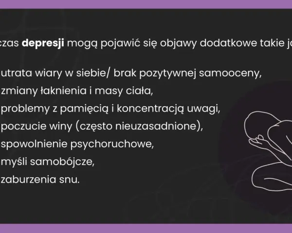 Ilustracja przedstawia sylwetkę osoby skulonej, symbolizującą depresję, oraz listę objawów.