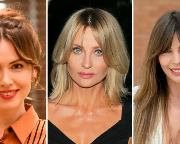 Trzy kobiety: jedna z upiętymi włosami, druga z blond włosami i grzywką curtain bangs, trzecia z długimi brązowymi włosami i grzywką curtain bangs.