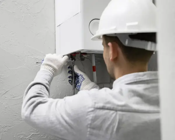 Tecnico con casco bianco lavora su una caldaia. Speriamo che la caldaia non faccia rumore di notte dopo l'intervento.