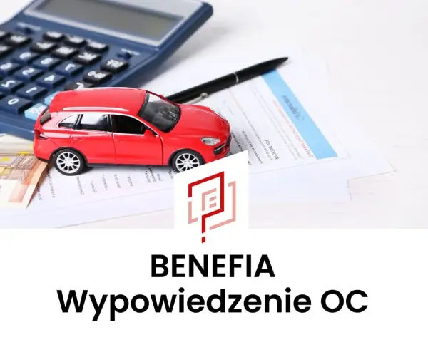 Czerwony samochodzik, kalkulator i dokumenty symbolizują benefia wypowiedzenie OC.