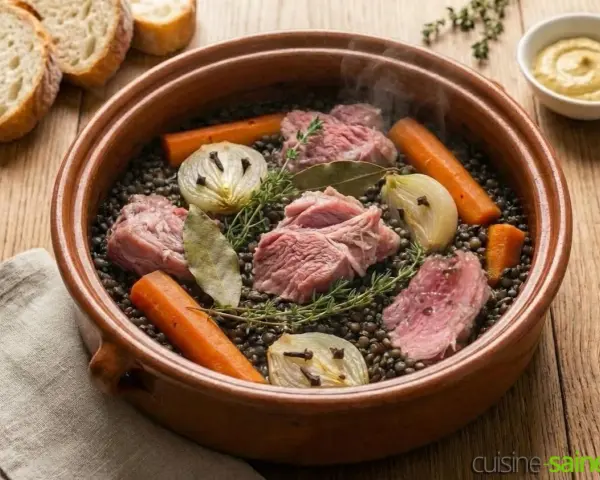 Palette demi-sel mijotant avec des lentilles, carottes, oignons cloués et herbes. Le temps de cuisson à l'eau est presque terminé.