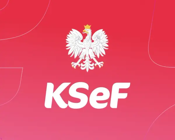 Biały orzeł na czerwonym tle z napisem KSeF.