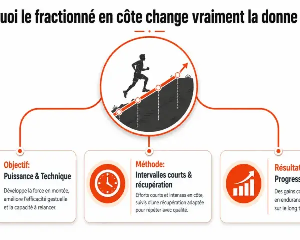 Un coureur grimpe une côte en utilisant un entraînement fractionné. Objectif : puissance, méthode : intervalles courts, résultat : progression mesurable.