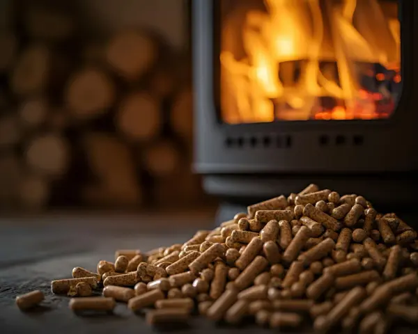 Montón de pellets de madera listos para insertar en la estufa, con leña apilada y fuego crepitante al fondo.