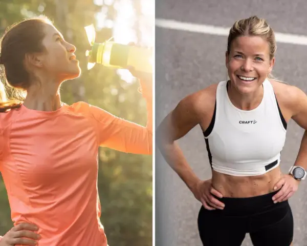 Två löpare, en dricker ur flaska i solljus, den andra ler mot kameran. Bli snabbare på 5 km med rätt träning och återhämtning.