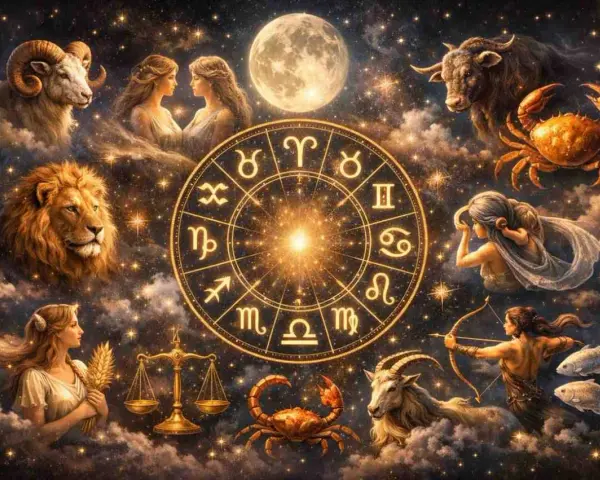 Zodiakalny krąg z symbolami i postaciami: Baran, Bliźnięta, Lew, Panna, Waga, Skorpion, Koziorożec, Ryby.