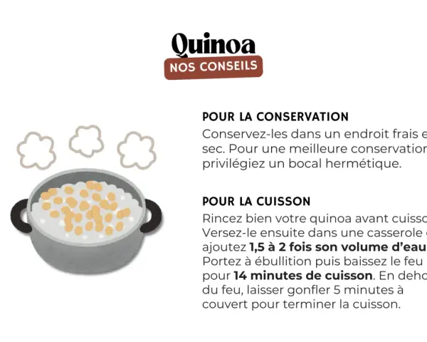 Une casserole de quinoa cuit, avec des volutes de vapeur. Le germe de quinoa est prêt à être dégusté.