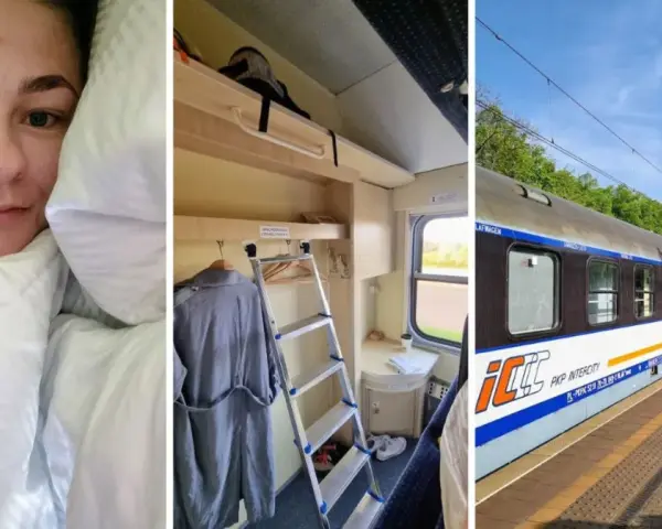 Podróż pociągiem TLK Karpaty. Wnętrze wagonu z miejscem do spania i widok na tory.
