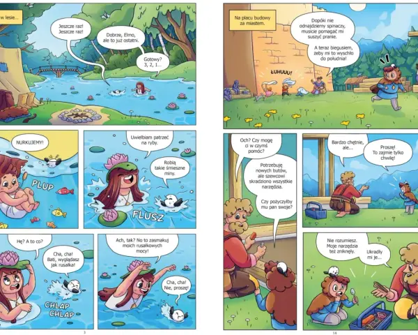 Dzieci bawią się w wodzie i na budowie. Historia o tym, o czym można zrobić komiks, pełna przygód i pomocy.