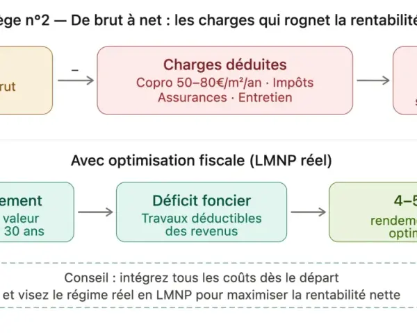 Schéma : rendement brut vs net. Optimisation fiscale LMNP avec déficit foncier, travaux déductibles, et règle des 3 ans pour maximiser le rendement.