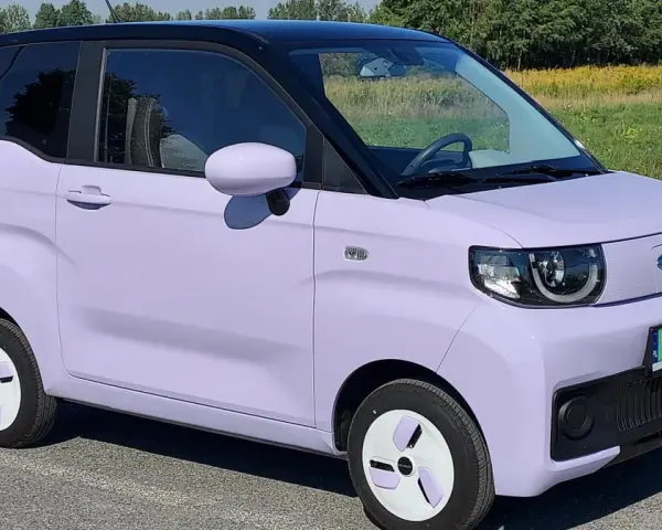 Jasnofioletowy, elektryczny **Exlantix** z czarnym dachem, zaparkowany na tle zieleni.