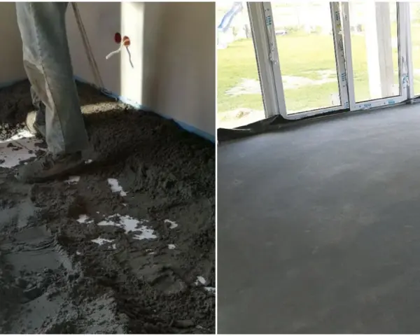 Praca nad wylewką: z jednej strony widać półsuchy beton na wylewkę, z drugiej gotową, gładką posadzkę.