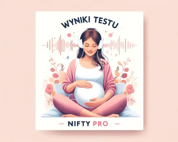 Nifty Pro: ciężarna kobieta w słuchawkach słucha wyników testu, otoczona kwiatami i falami dźwiękowymi.