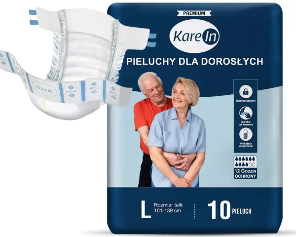 Pieluchy dla dorosłych Kare In, rozmiar L, 10 sztuk. Sprawdź, ile kosztuje paczka pieluch, by zapewnić komfort i ochronę.