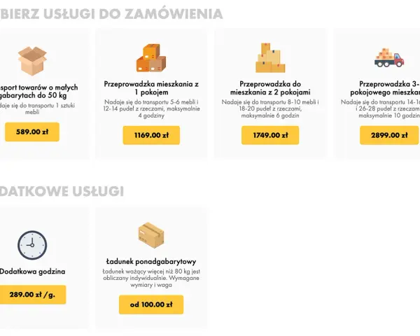 Oferta dla przewoźników: przeprowadzki mieszkań 1-3 pokojowych, transport towarów, dodatkowa godzina i ładunki ponadgabarytowe.