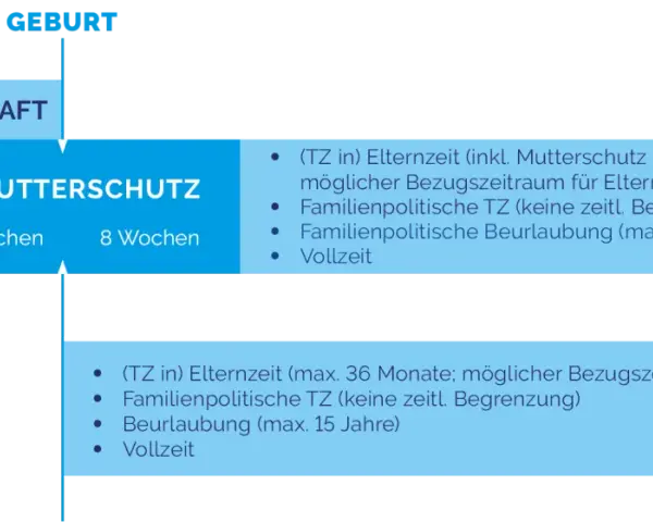 Schema zeigt, wie man Elternzeit beantragen kann. Mutter- und Vaterschutz, Elternzeit bis 36 Monate.