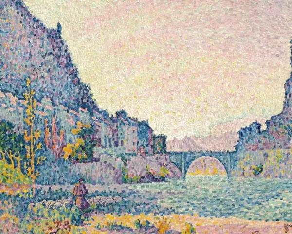 Paysage fluvial avec un berger et son troupeau, œuvre d'un peintre pointilliste. Les montagnes bleues et les maisons colorées se reflètent dans l'eau.