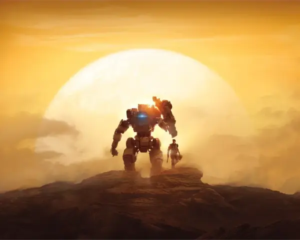 Pilot i jego Tytan na skalistym pustkowiu pod wielkim, żółtym słońcem. Zapowiedź Titanfall 3.