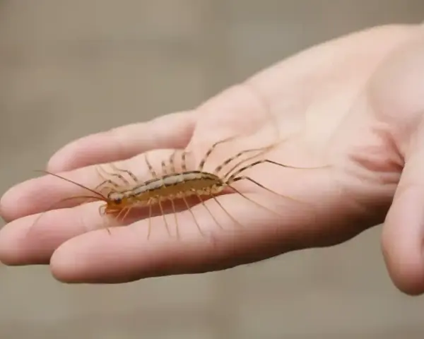 Długonoga stonoga na dłoni. To stworzenie, czego nie lubią opuchlaki, poluje na szkodniki.