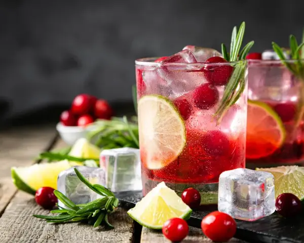 Dwa drinki z żurawiną, limonką i rozmarynem na drewnianym stole.