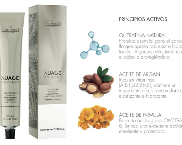 Nuage Couleur: baño de color para canas con queratina, aceite de argán y prímula. Cabello fuerte, hidratado y protegido.