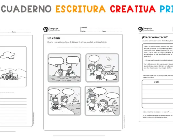 Ficha de escritura con actividades: un niño en parapente, un cómic para completar diálogos y un texto sobre crecer.