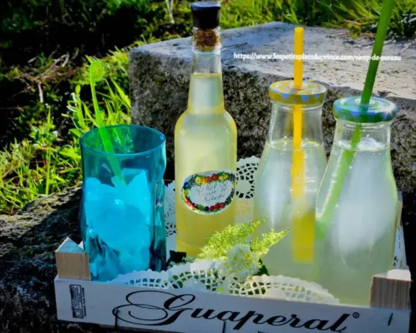 Bouteille de sirop de sureau et deux boissons rafraîchissantes avec des pailles, sur un plateau en bois, en extérieur.