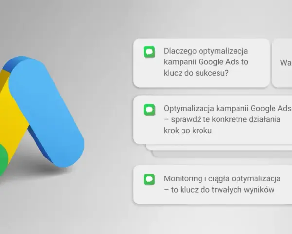 Google Ads logo i powiadomienia o tym, jak optymalizacja kampanii Google Ads prowadzi do sukcesu.