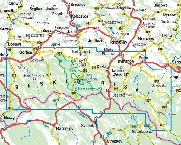 Mapa turystyczna Beskidu Niskiego z zaznaczonym Magurskim Parkiem Narodowym. Atrakcje regionu: Gorlice, Krosno, Sanok, Krynica-Zdrój.
