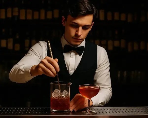 Barman w eleganckim stroju miesza drinka z lodem w szklanicy, obok stoi gotowy koktajl.