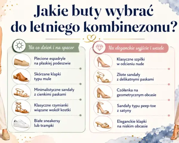 Jakie buty do kombinezonu? Stylizacje na co dzień i na eleganckie wyjścia: espadryle, klapki, sandały, szpilki i czółenka.