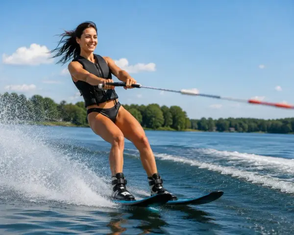 Frau beim Wasserskifahren auf dem Langenfelder See, die mit einem breiten Lächeln über das Wasser gleitet.