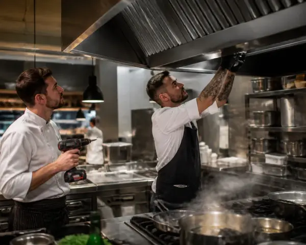 Installation d'une hotte d'extraction dans un restaurant en copropriété. Deux chefs travaillent sur le système de ventilation.