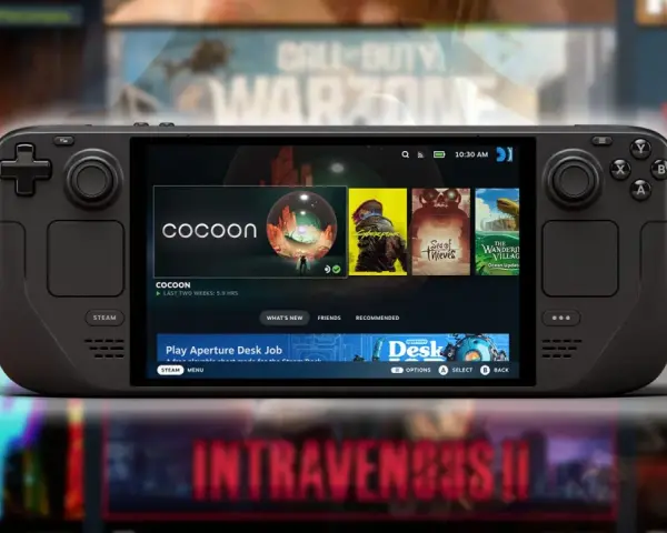 La consola portátil Steam Deck 2 muestra la interfaz de juegos, con "Cocoon" destacado.