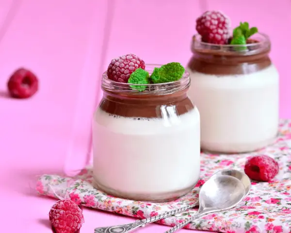 Två glas med choklad- och vaniljpannacotta, toppade med hallon och mynta. Perfekt som dessertvin till pannacotta.