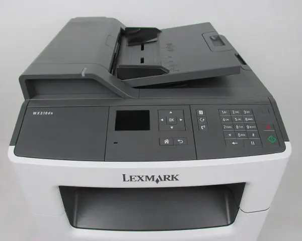 Drukarka Lexmark MX310dn z panelem sterowania i podajnikiem dokumentów.