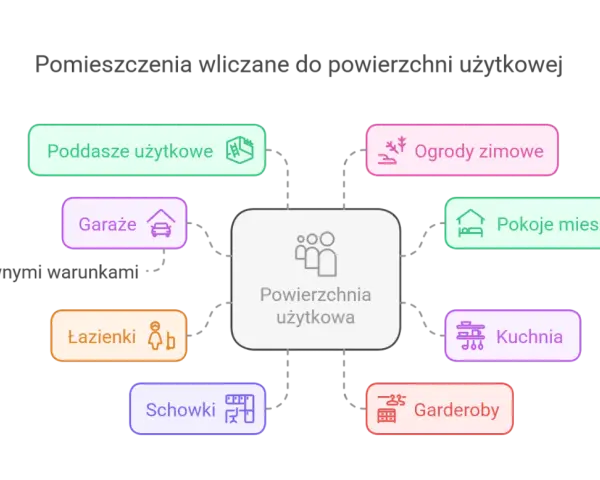 Diagram wyjaśnia, czy garaż wlicza się do powierzchni użytkowej, pokazując inne pomieszczenia jak kuchnia, łazienki, pokoje mieszkalne.